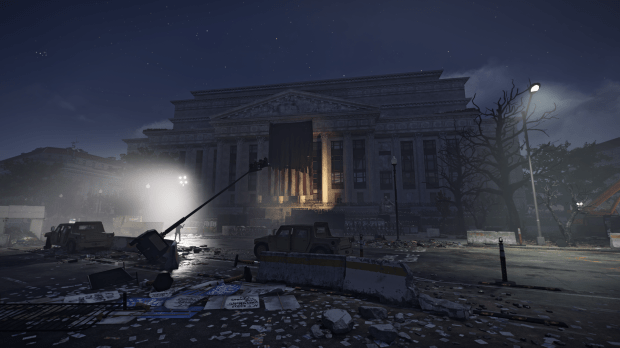 A screenshot of Tom Clancy's Division 2 that depicts the NARA building and surrounding streets with seven months of deterioration.