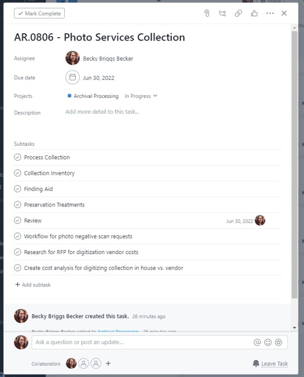 Screenshot of an Asana Task card.
