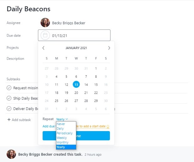 Screenshot of an Asana Task card with recurring due date.